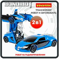 Трансформер 2в1 BONDIBOT на радиоуправлении робот и автомобиль, свет, аккум./USB-шнур, М1:18, Bondibon BOX 17,5х15,5х21,5 см, цвет сине-чёрный.