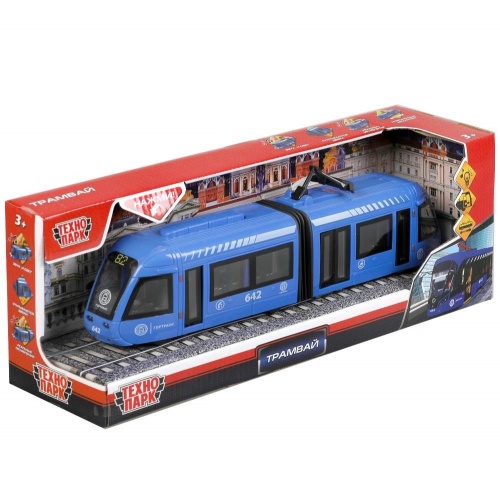 Технопарк. Трамвай с резинкой пластик свет-звук 30 см, двери, синий арт.TRAMNEWRUB-30PL-BU фото 6