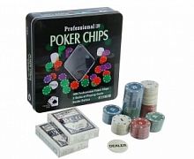 Набор "Покер" в мет.банке (100 фишек с номиналом 4 гр.,2 колоды карт)  арт.BR5016/1800