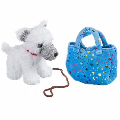 Собачка в голубой сумке с сердечками, Bondibon МИЛОТА, c ошейником и поводком, PAC, белый терьер,19 фото 3