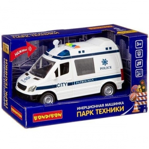 Инерционная машинка Bondibon «ПАРК ТЕХНИКИ», полицейский фургон, свет, звук  BOX 27,5х12х17 фото 2