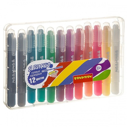 Набор гелевых карандашей для рисования Bondibon 12 цветов, оттенки металлик, в пластиковой коробке, фото 2