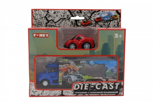 Набор FUNKY TOYS FT61054 грузовик + машинка die-cast красная, спусковой механизм 1:60 фото 2
