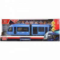 Технопарк. Трамвай с резинкой пластик свет-звук 30 см, двери, синий арт.TRAMNEWRUB-30PL-BU